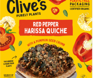 New plant-based organic sharing quiche and pies from Clive’s Pies in 100% plastic free sustainable packaging – including a plant-based window