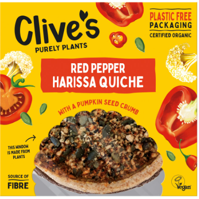 New plant-based organic sharing quiche and pies from Clive’s Pies in 100% plastic free sustainable packaging – including a plant-based window
